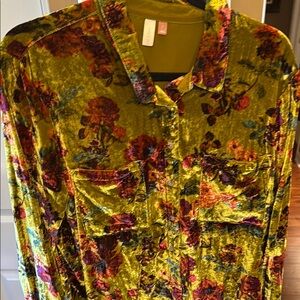 Pilcro Velvet Floral Button Down Shirt - Green and Red